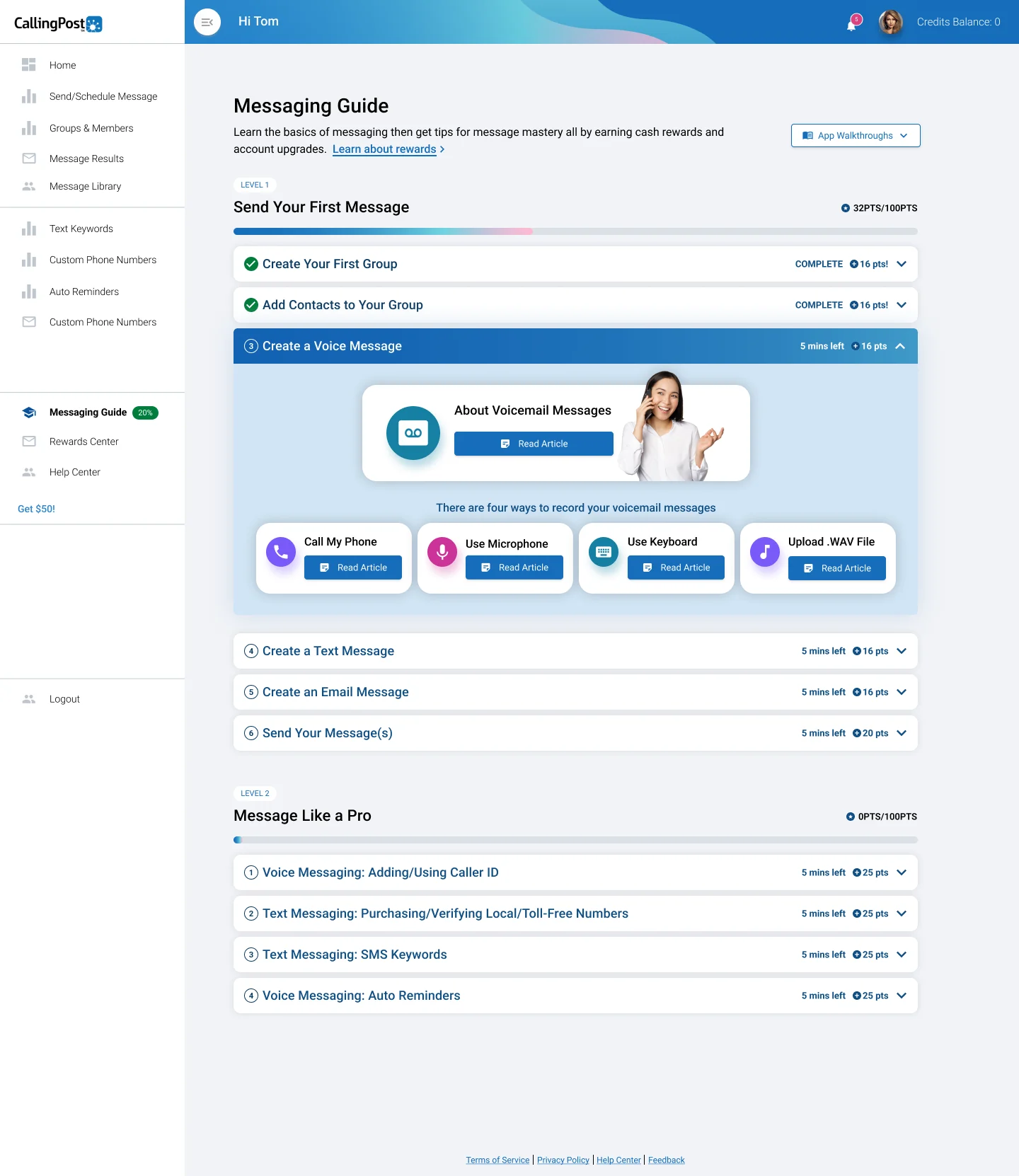 CallingPost Messaging Guide dashboard: Level 1, Send Your First Message, with a points progress bar and steps from Create Your First Group to Send Your Message(s); the open Create a Voice Message step shows four ways to record a voicemail, each with a Read Article button; Level 2, Message Like a Pro, lists caller ID, local and toll-free numbers, SMS keywords, and auto reminders.