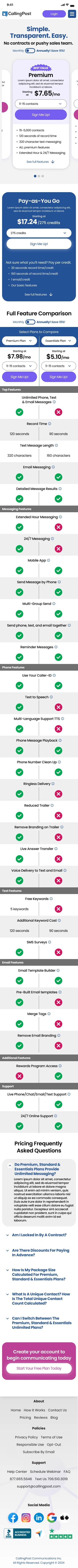 CallingPost pricing page on mobile: the plan cards in a swipeable carousel, the Pay-as-You-Go card, and a feature comparison that lets users pick two plans to compare side by side, followed by FAQs and a sign-up call to action.