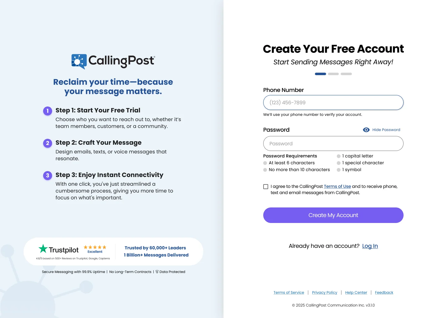 Sign-up option 2: a light panel with the CallingPost logo, the headline Reclaim your time, because your message matters, three numbered steps, and Trustpilot and trust badges, beside the Create Your Free Account form.