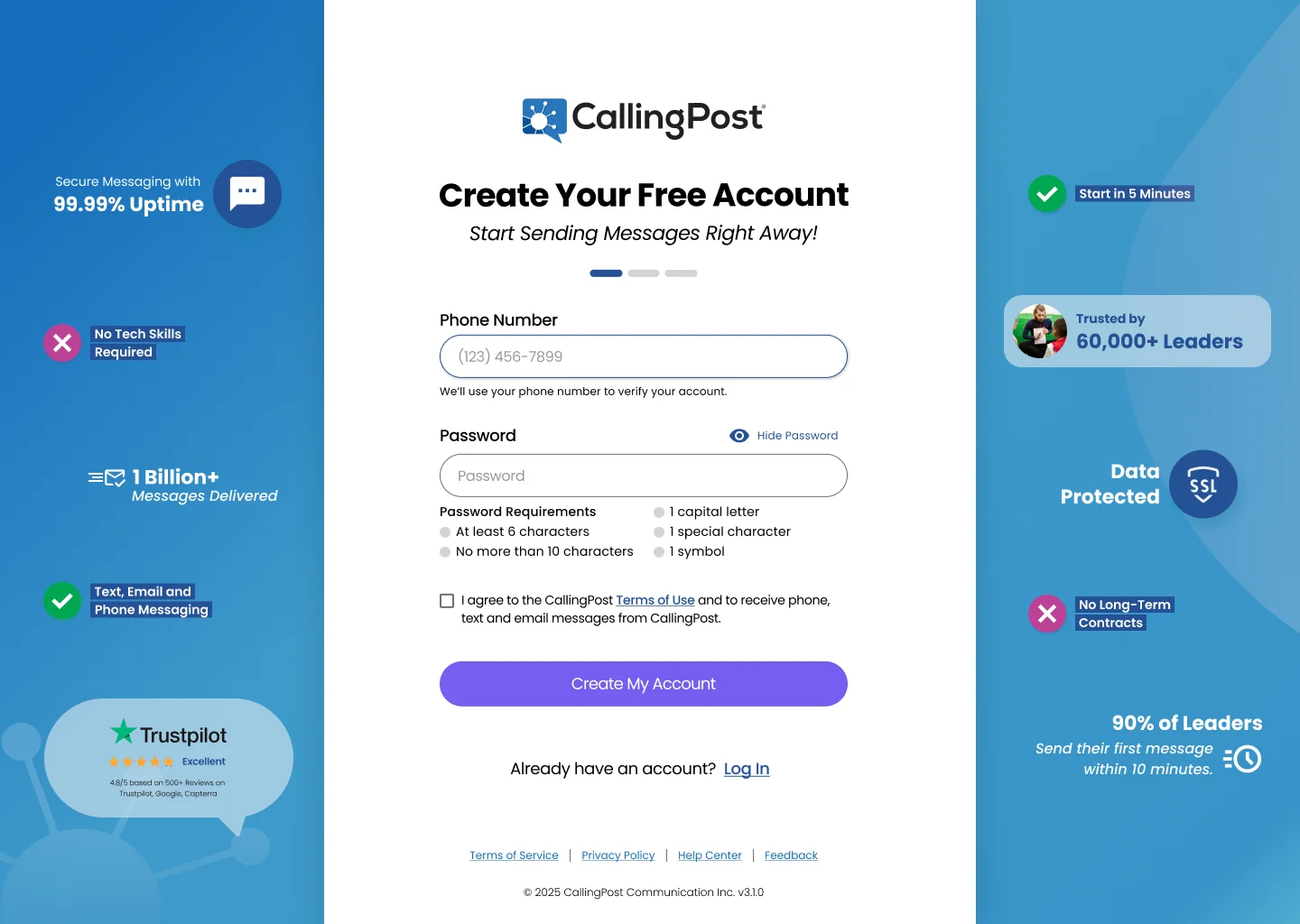 Sign-up option 3: the Create Your Free Account form centered between two blue panels of selling points, including 99.99% uptime, no tech skills required, 1 billion+ messages delivered, start in 5 minutes, trusted by 60,000+ leaders, and data protected.