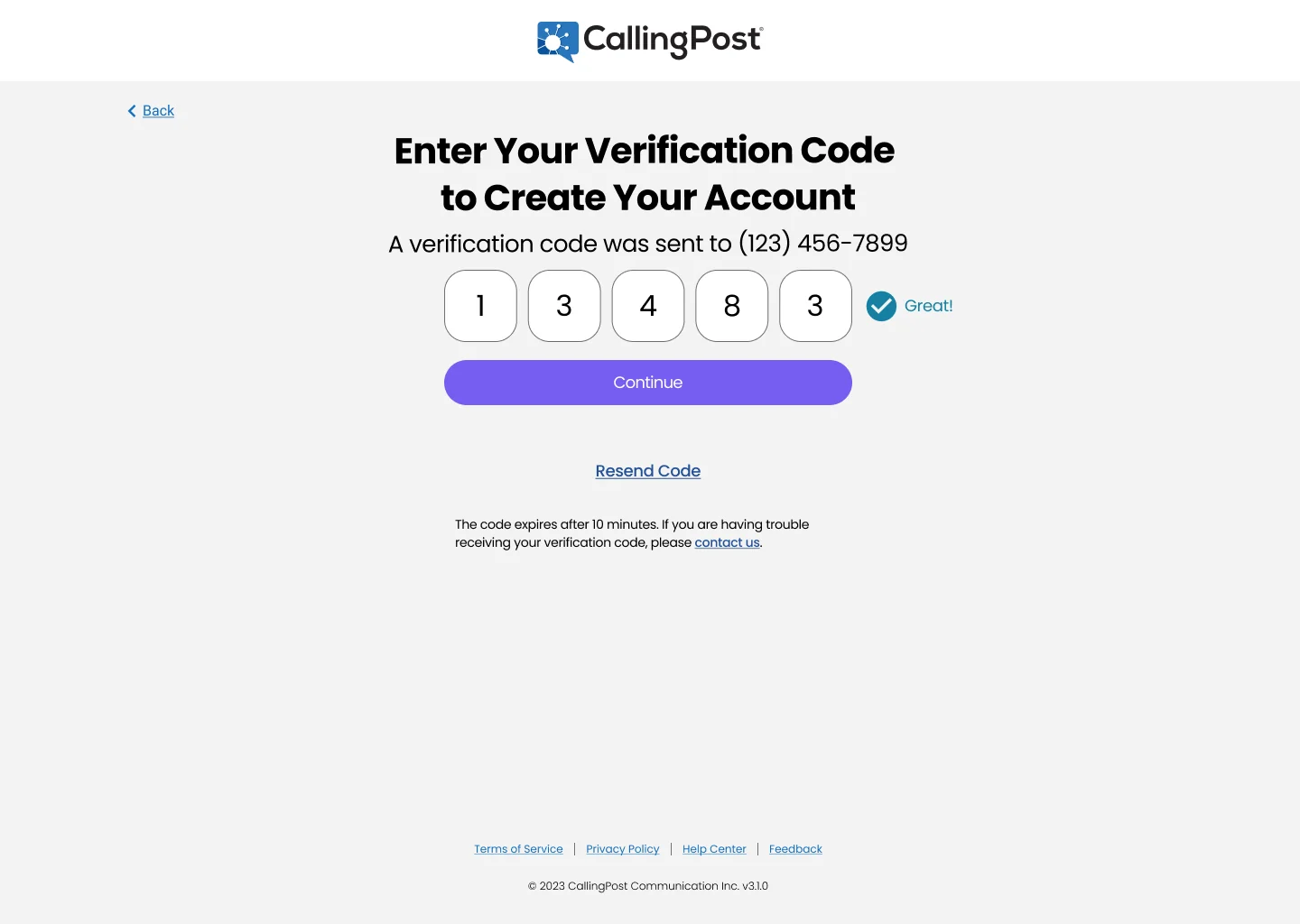 Verification screen: Enter Your Verification Code to Create Your Account, with a five-digit code entered, a Great! confirmation, a Continue button, and a Resend Code link.