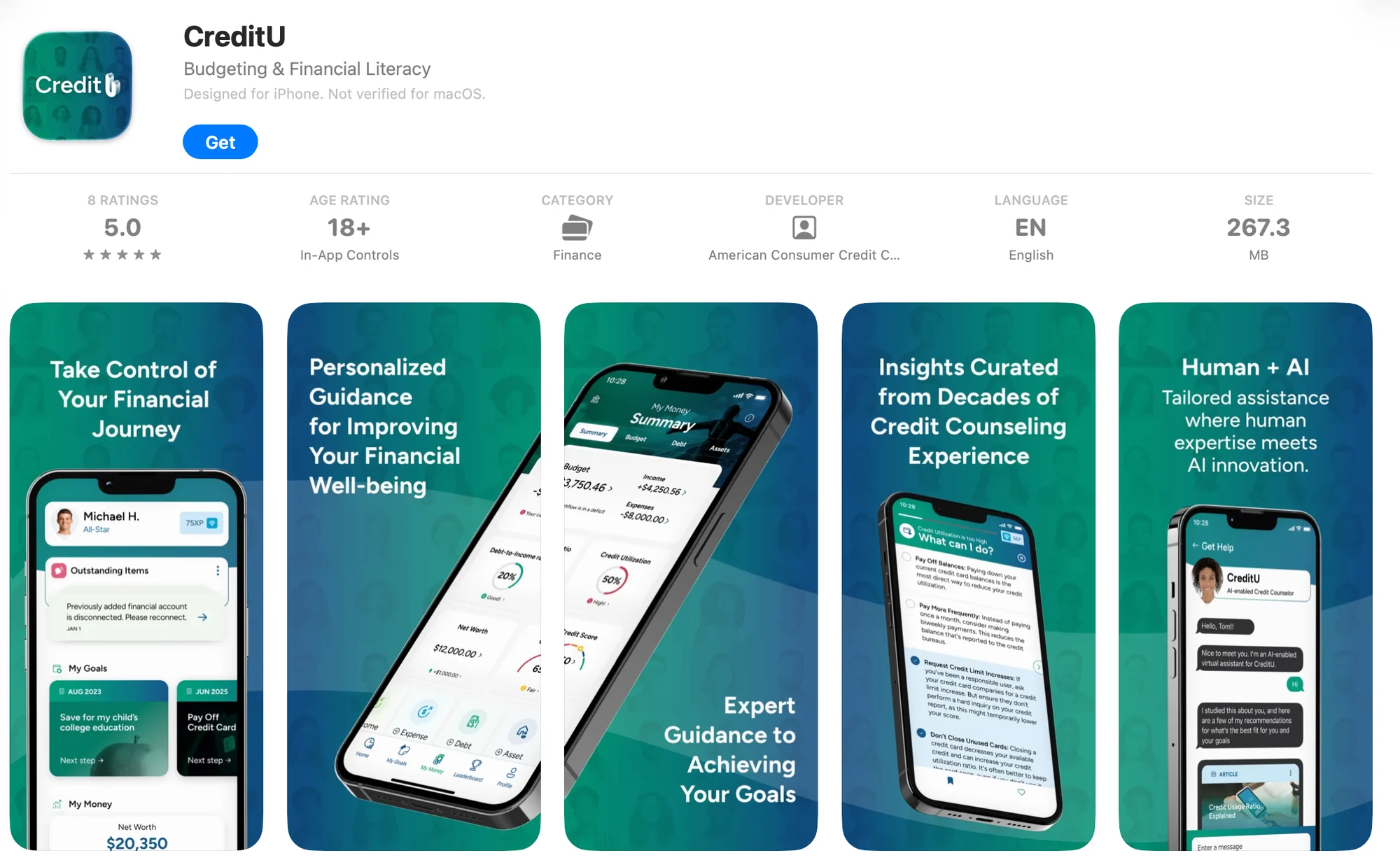 CreditU listing in the Apple App Store: Budgeting and Financial Literacy, a 5.0 rating from 8 ratings, Finance category, developer American Consumer Credit Counseling, and five promotional screenshots including Take Control of Your Financial Journey and Human + AI.