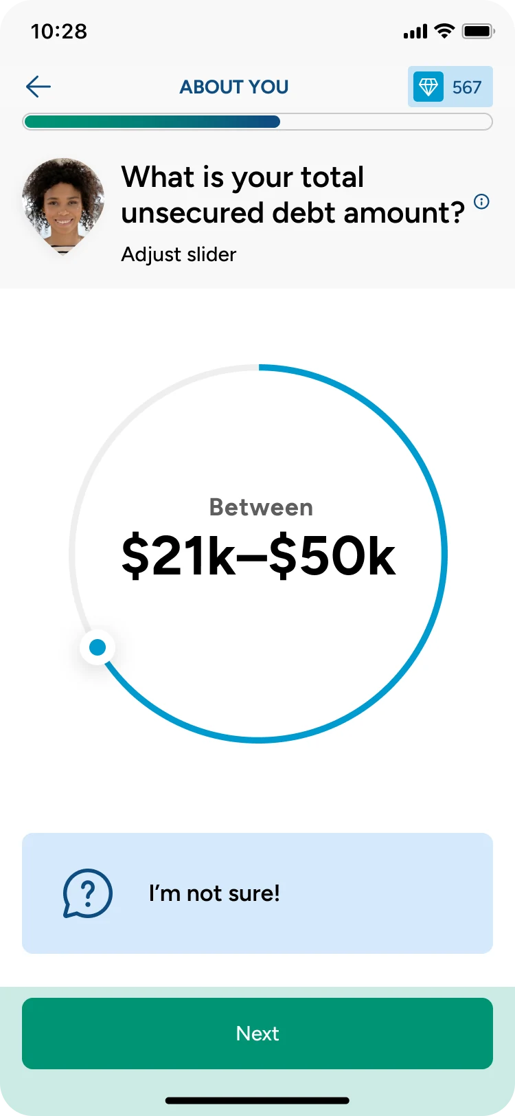 Final design asking What is your total unsecured debt amount? with a circular slider set to Between $21k–$50k, an I’m not sure! option, and a Next button.