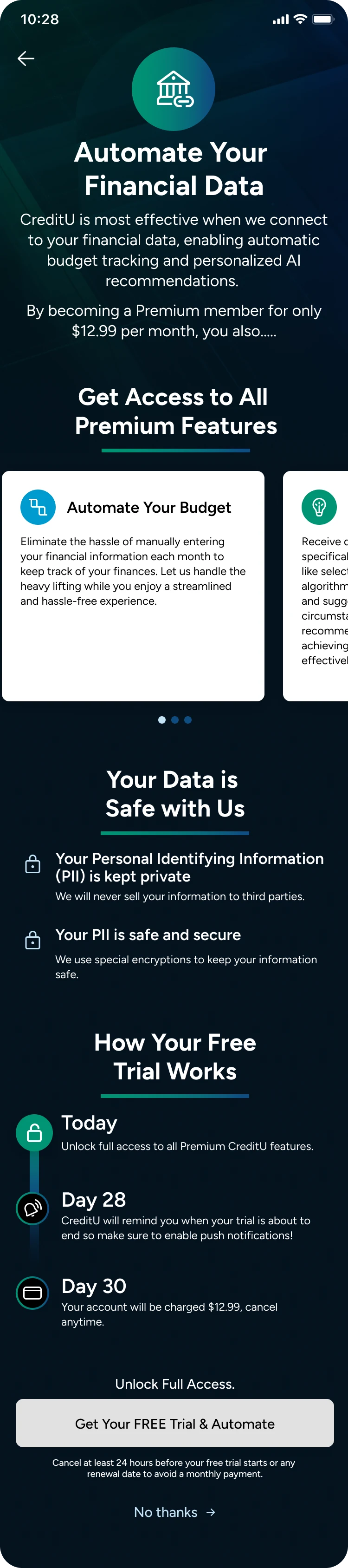 Premium upgrade screen, Automate Your Financial Data: CreditU explains that connecting financial data enables automatic budget tracking and personalized AI recommendations for $12.99 a month, followed by premium feature cards, a Your Data is Safe with Us section, a free trial timeline for today, day 28 and day 30, and a Get Your FREE Trial and Automate button.