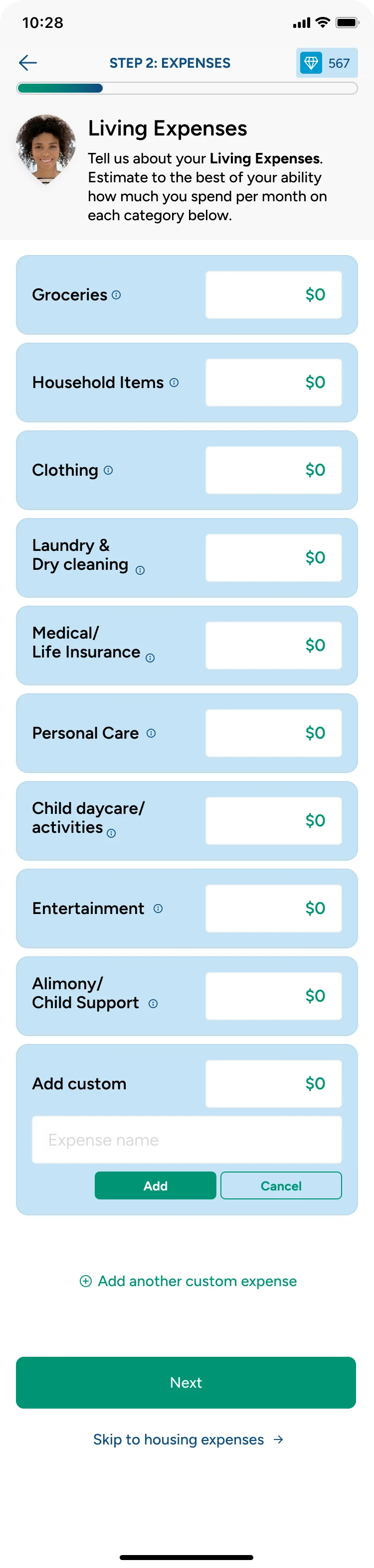 Step 2, Expenses: a list of living expense categories such as groceries, household items, clothing, medical and life insurance, child daycare, and entertainment, each with a dollar field, plus custom expenses.