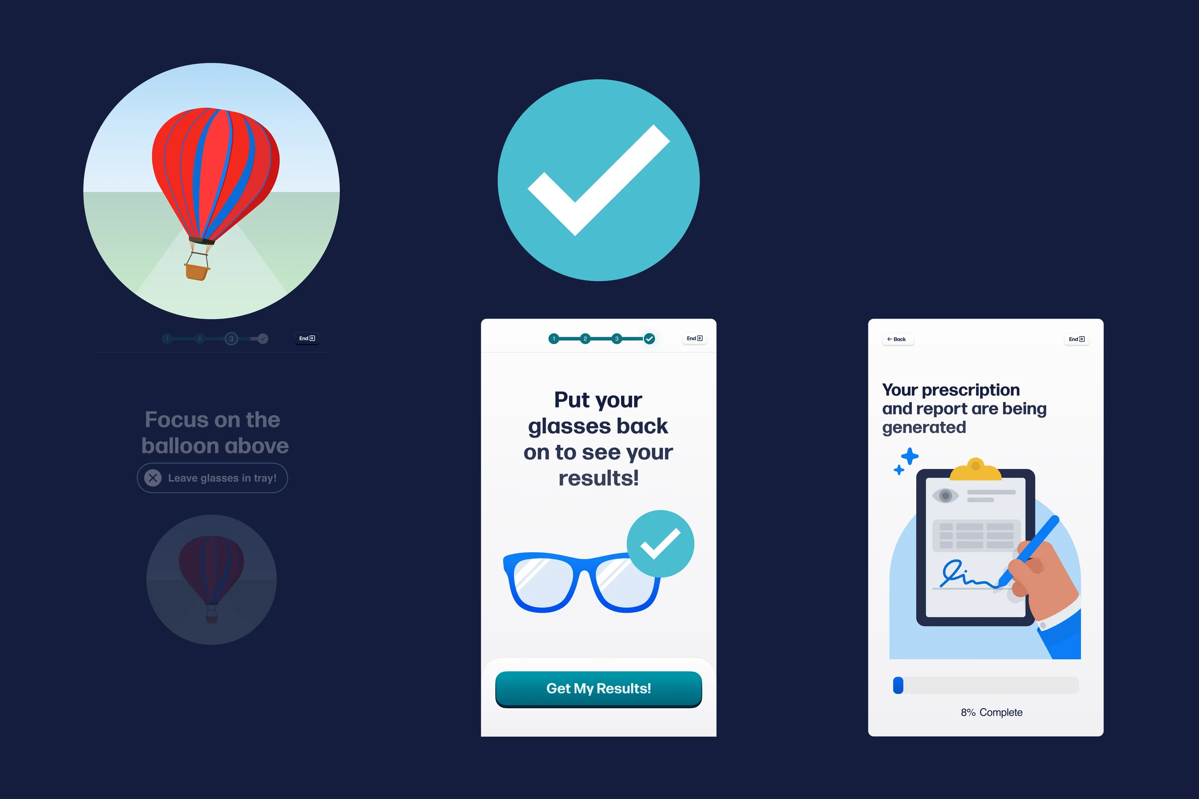 Three kiosk screens on navy: the eye scan, with a hot-air balloon on the top screen and Focus on the balloon above on the bottom screen; a large teal check mark above Put your glasses back on to see your results!; and a progress screen reading Your prescription and report are being generated