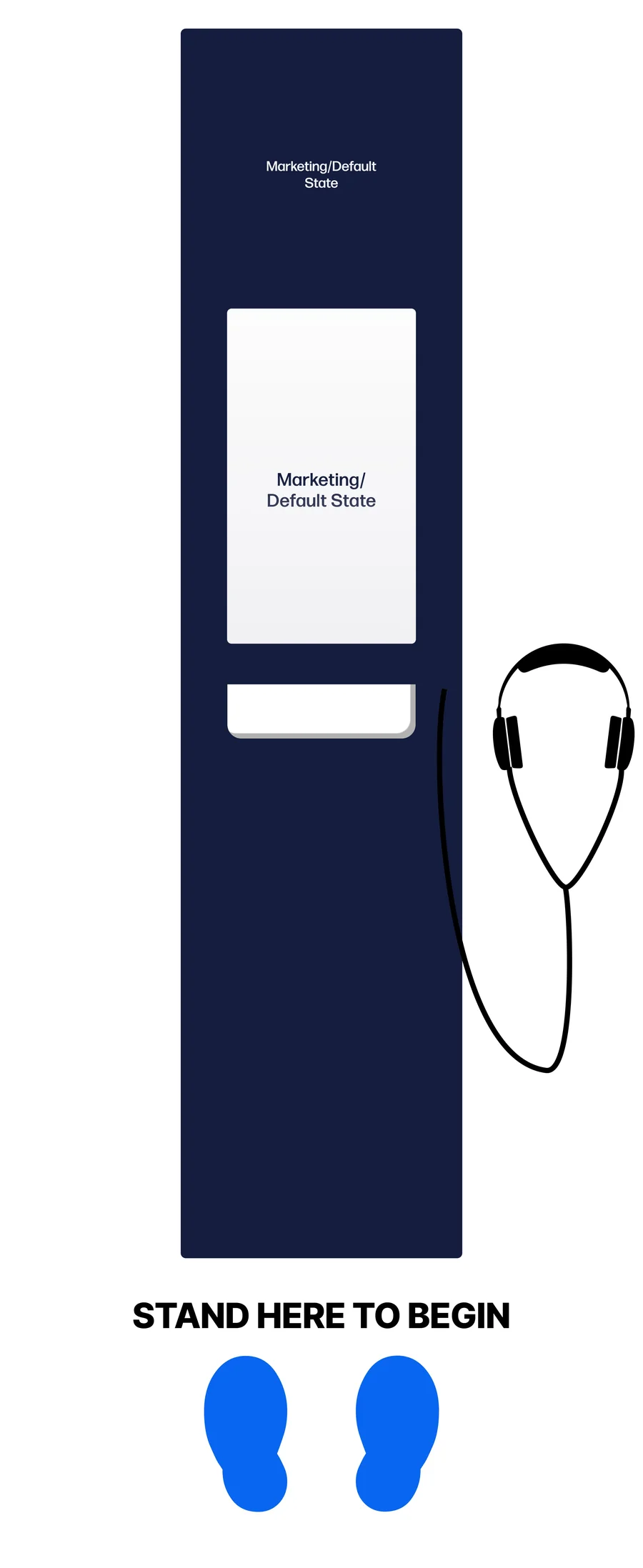 Kiosk in its default state: a tall navy unit with a top test screen, a bottom touchscreen, headphones hanging at the side, and floor decals reading Stand here to begin.