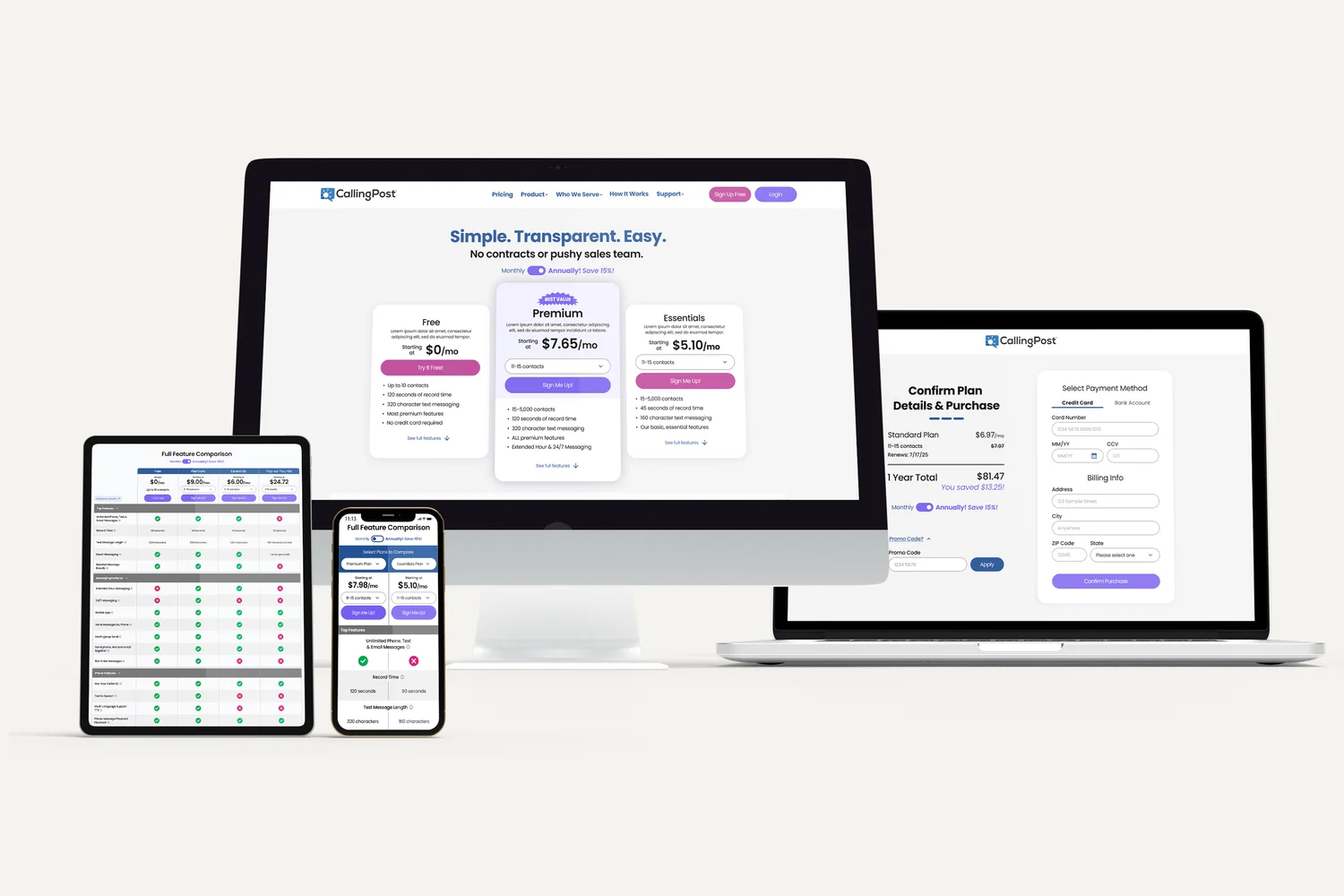 CallingPost pricing, checkout, and feature comparison pages shown on desktop, laptop, tablet, and phone